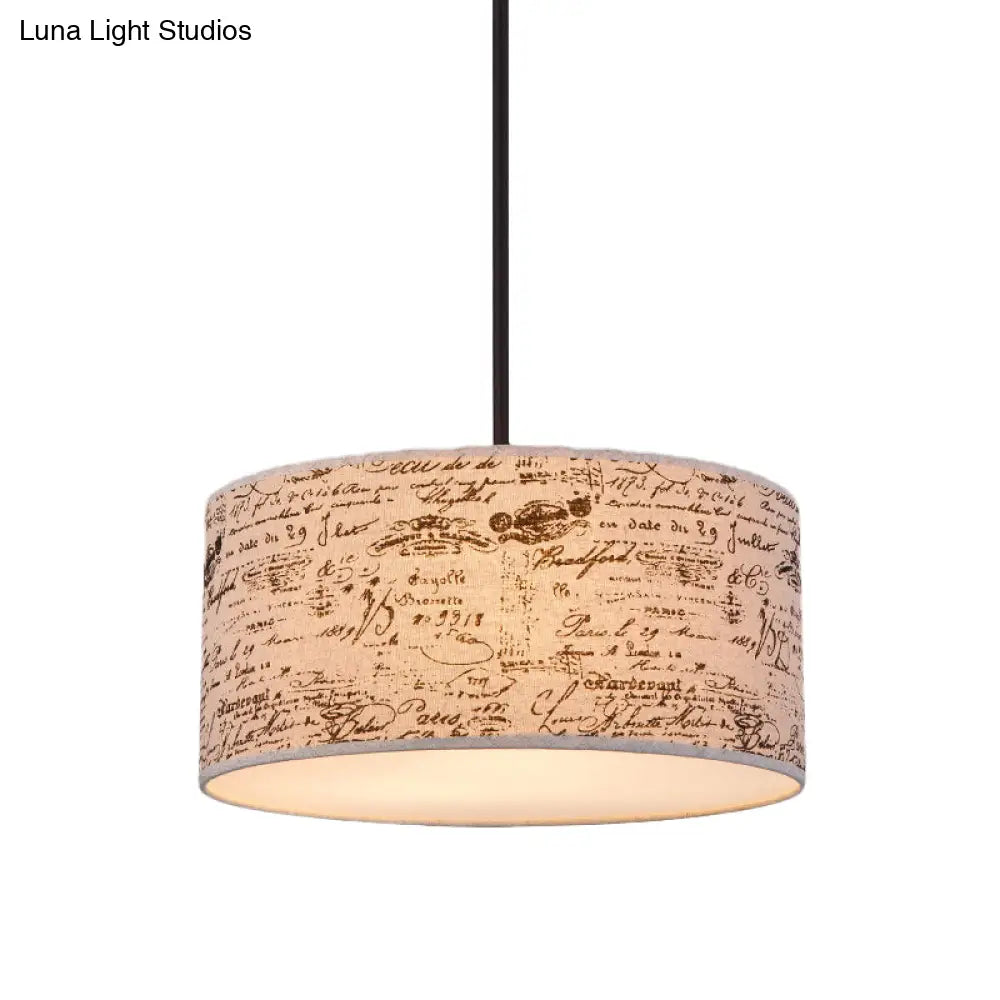 Modern Flaxen Drum Pendant With Script Lamp Shade - 12’/16’ Dia Suspension Lighting