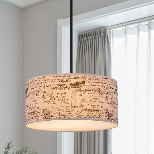 Modern Flaxen Drum Pendant With Script Lamp Shade - 12’/16’ Dia Suspension Lighting / 12’