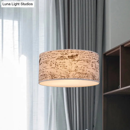 Modern Flaxen Drum Pendant Light With Script Lamp Shade - Available In 12 Or 16 Diameter