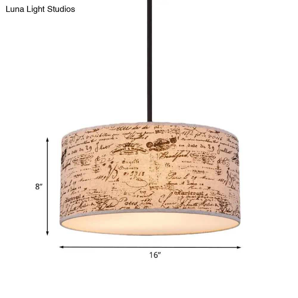 Modern Flaxen Drum Pendant Light With Script Lamp Shade - Available In 12 Or 16 Diameter