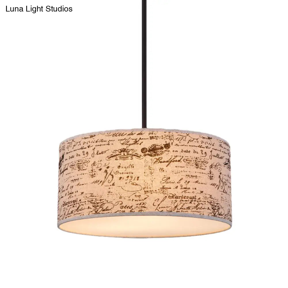 Modern Flaxen Drum Pendant Light With Script Lamp Shade - Available In 12 Or 16 Diameter