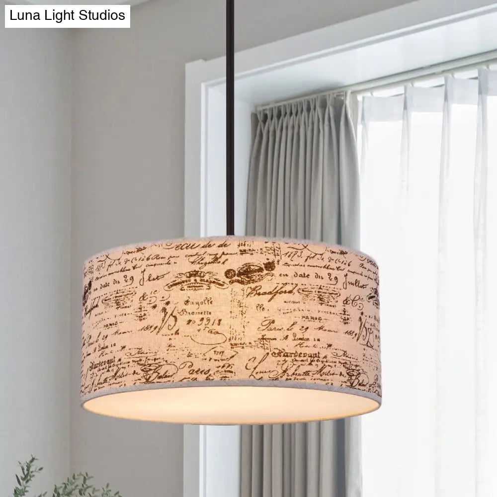 Modern Flaxen Drum Pendant Light With Script Lamp Shade - Available In 12 Or 16 Diameter /