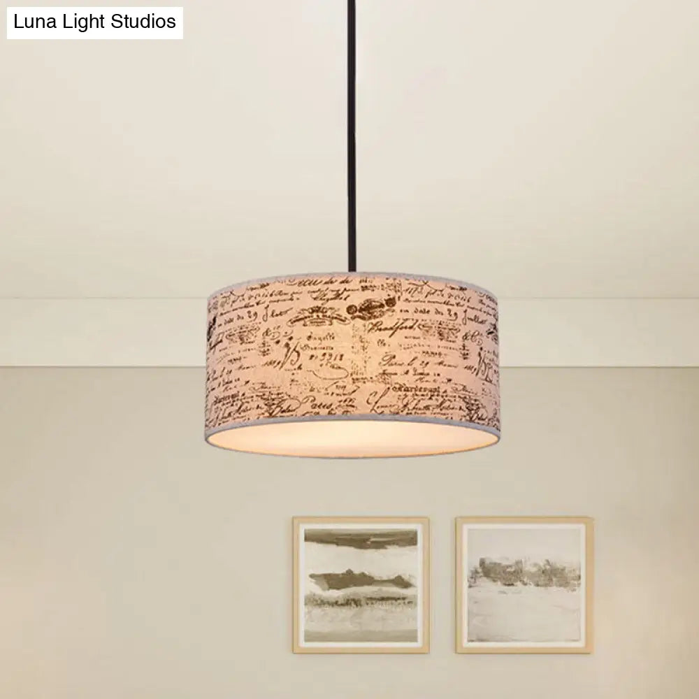 Modern Flaxen Drum Pendant With Script Lamp Shade - 12’/16’ Dia Suspension Lighting