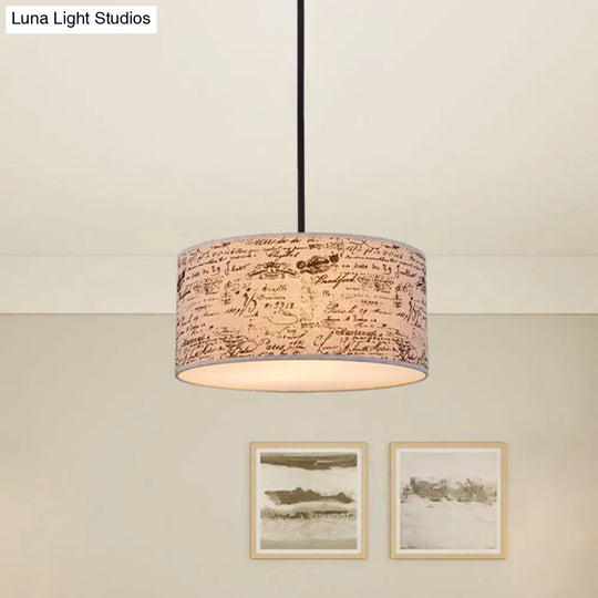 Modern Flaxen Drum Pendant Light With Script Lamp Shade - Available In 12 Or 16 Diameter