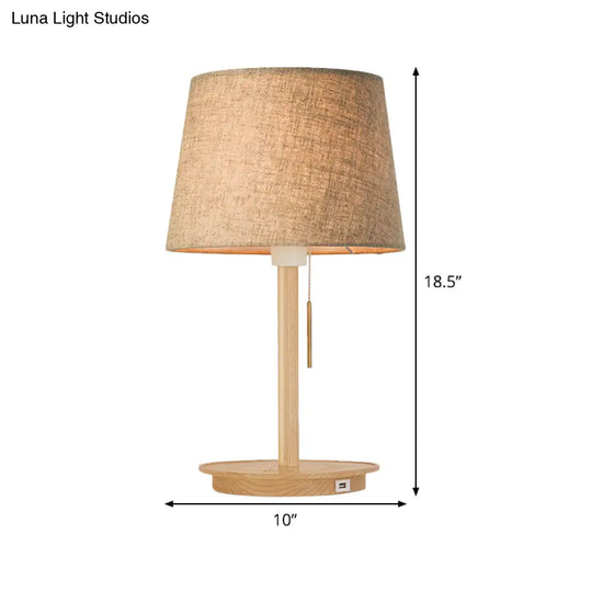 Modern Flaxen Fabric Task Light Nightstand Lamp With Flared Shade And Pull Chain