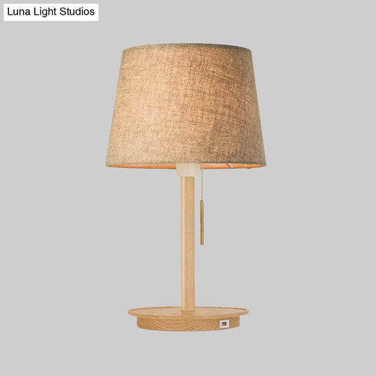 Modern Flaxen Fabric Task Light Nightstand Lamp With Flared Shade And Pull Chain