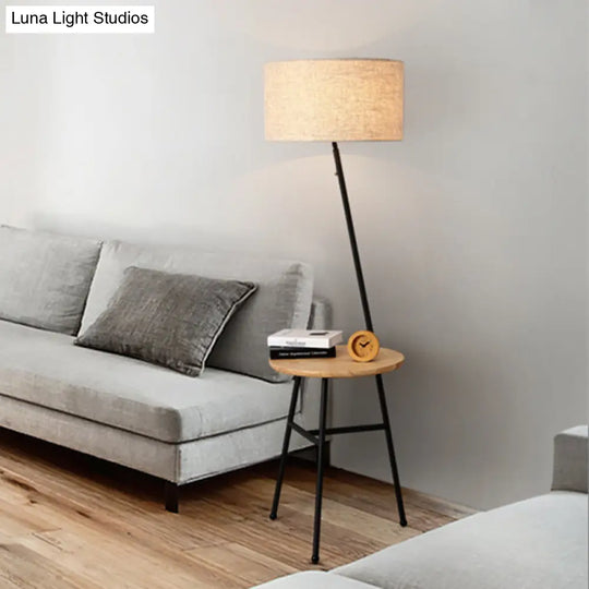 Modern Flaxen Floor Lamp With Drum Fabric Shade For Living Room