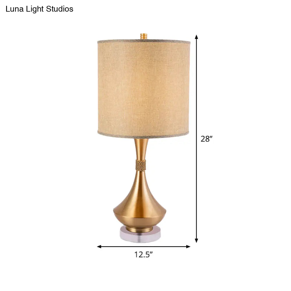 Modern Flaxen Metal Table Lamp For Bedroom Nightstand - Sleek 1-Light Design With Fabric Shade