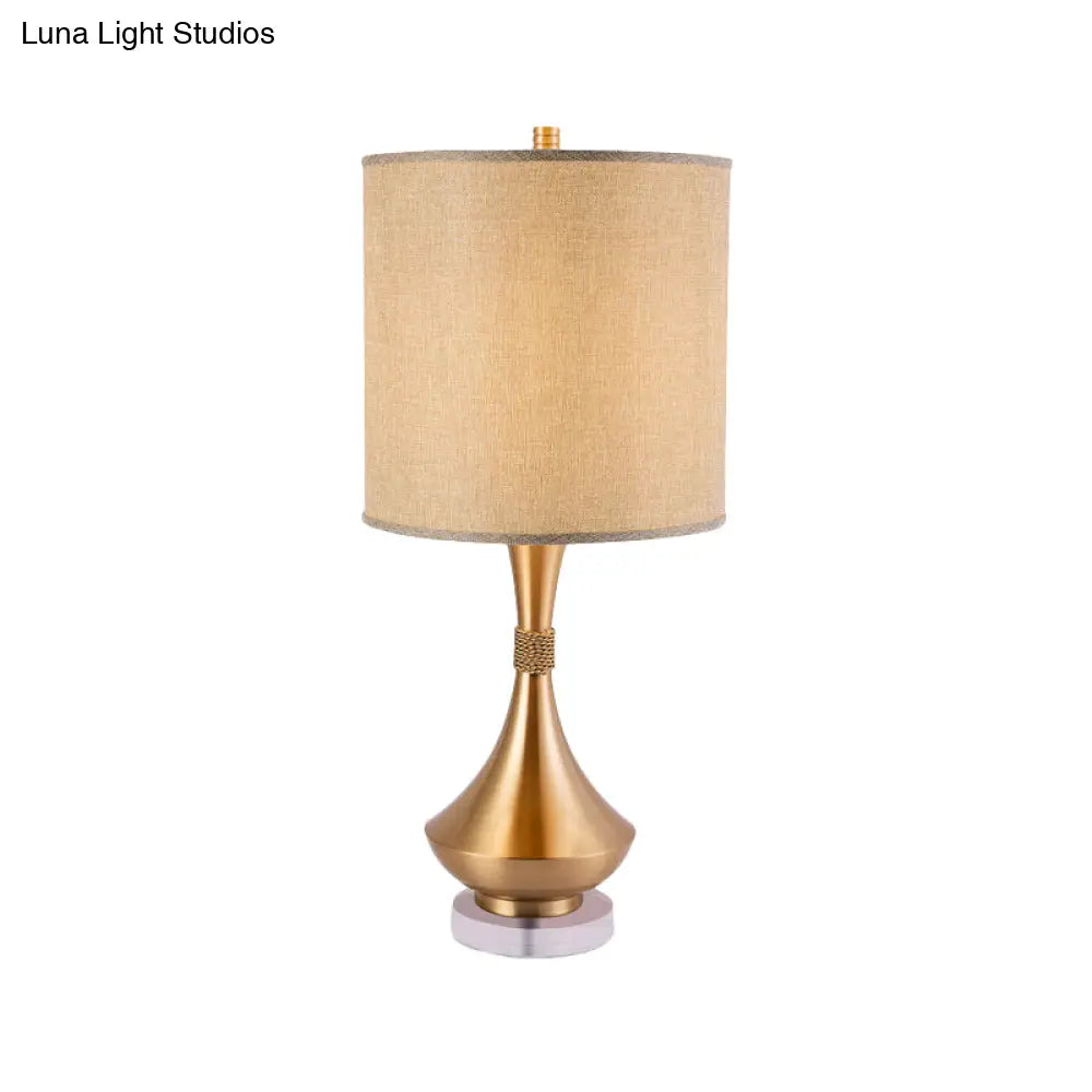 Modern Flaxen Metal Table Lamp For Bedroom Nightstand - Sleek 1-Light Design With Fabric Shade