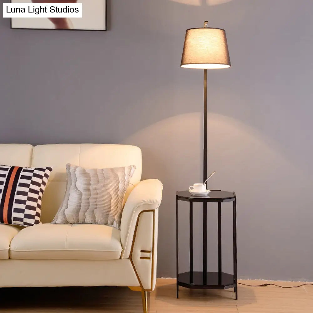 Modern Floor Lamp With 2-Tier Shelf - Bucket Design Fabric Shade