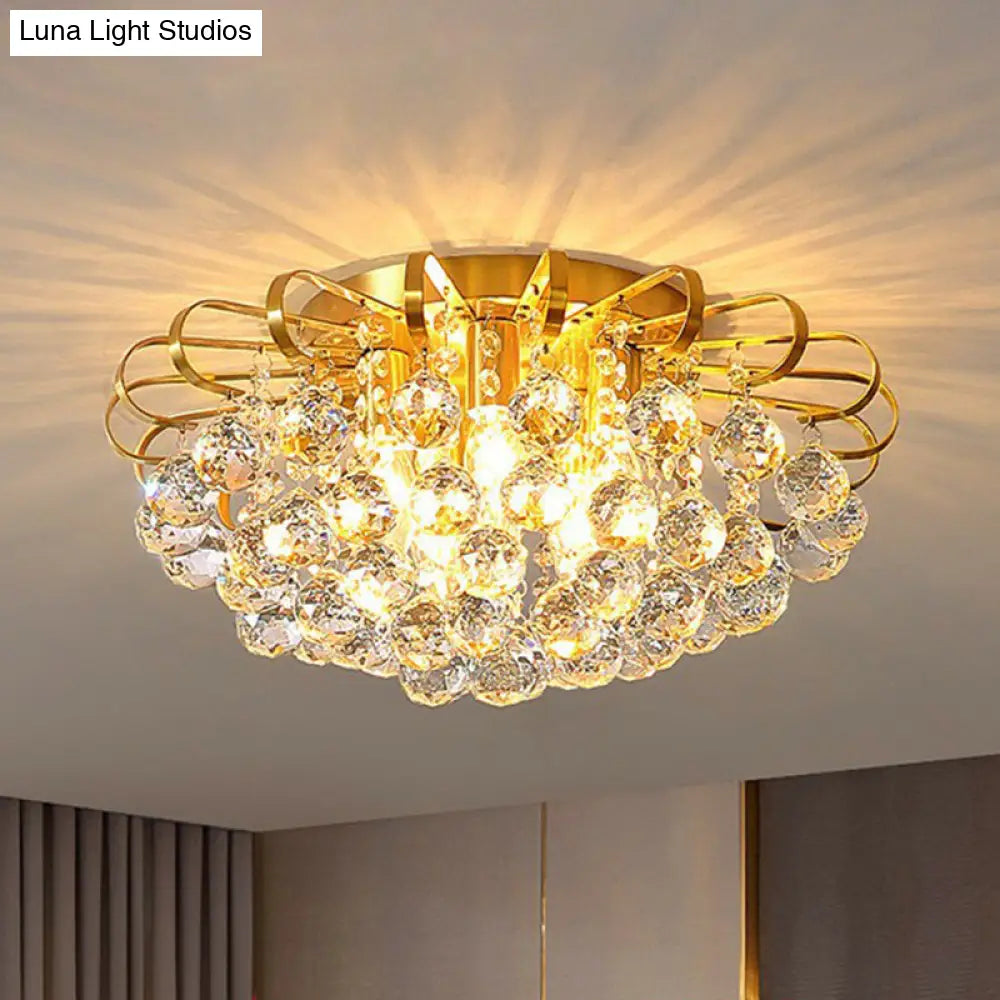 Modern Floral Ceiling Mounted Light With Clear Faceted Crystal Ball - Bedroom Flush