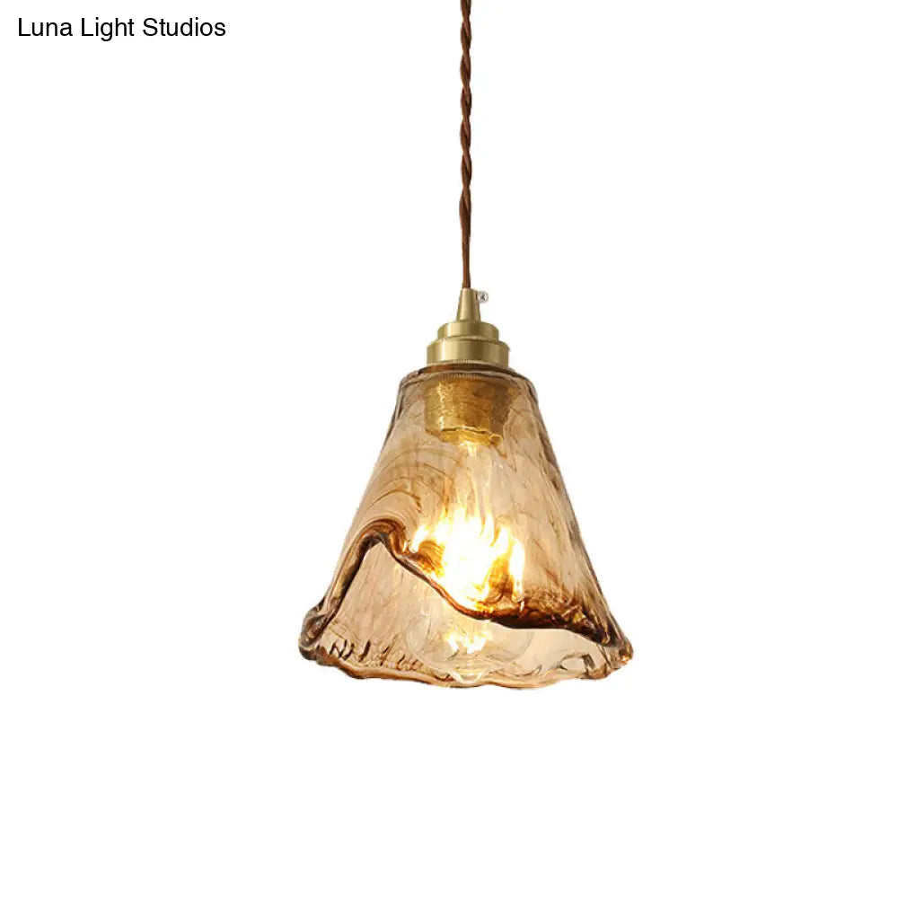 Modern Amber Glass Floral Ceiling Pendant Light With 1-Bulb Brass Drop Lamp For Bedroom