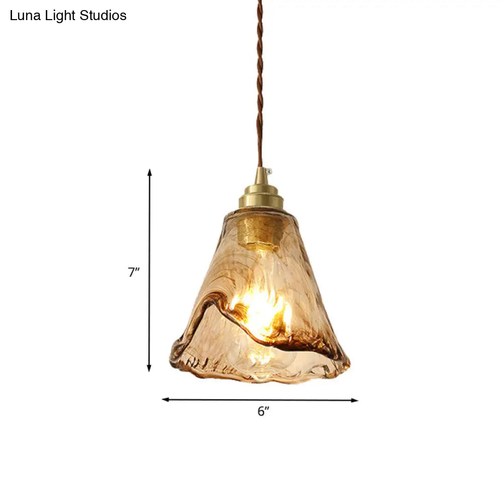 Modern Amber Glass Floral Ceiling Pendant Light With 1-Bulb Brass Drop Lamp For Bedroom