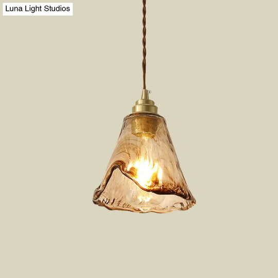 Modern Amber Glass Floral Ceiling Pendant Light With 1-Bulb Brass Drop Lamp For Bedroom