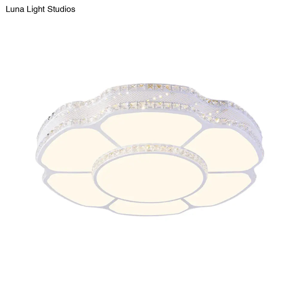 Modern Floral Crystal Flush Mount Led Ceiling Light In White/Warm 8.5’/19.5’ Width