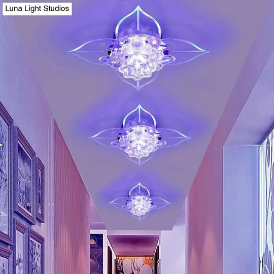 Modern Floral Crystal Led Flush Mount Ceiling Light For Corridors - Clear Finish / 9W Purple