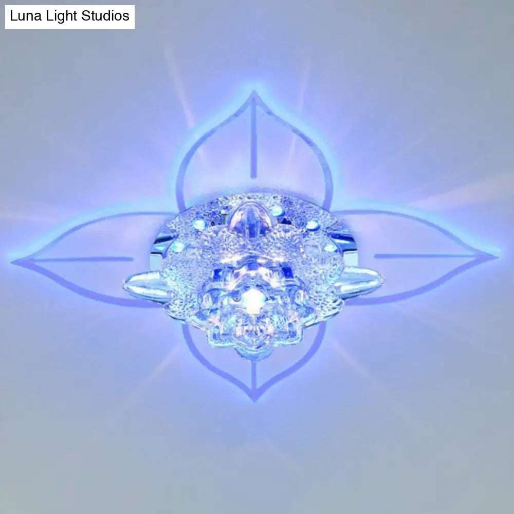 Modern Floral Crystal Led Flush Mount Ceiling Light For Corridors - Clear Finish / 9W Blue