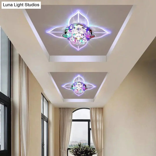 Modern Floral Crystal Led Flush Mount Ceiling Light For Corridors - Clear Finish / 9W Multi Color