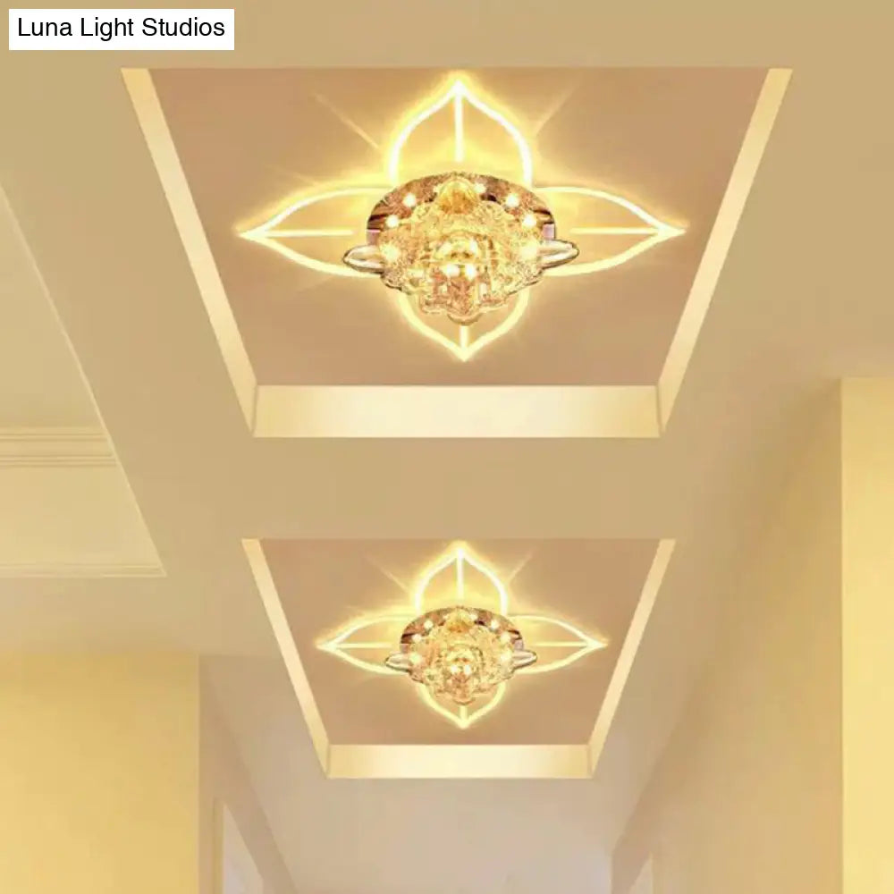 Modern Floral Crystal Led Flush Mount Ceiling Light For Corridors - Clear Finish