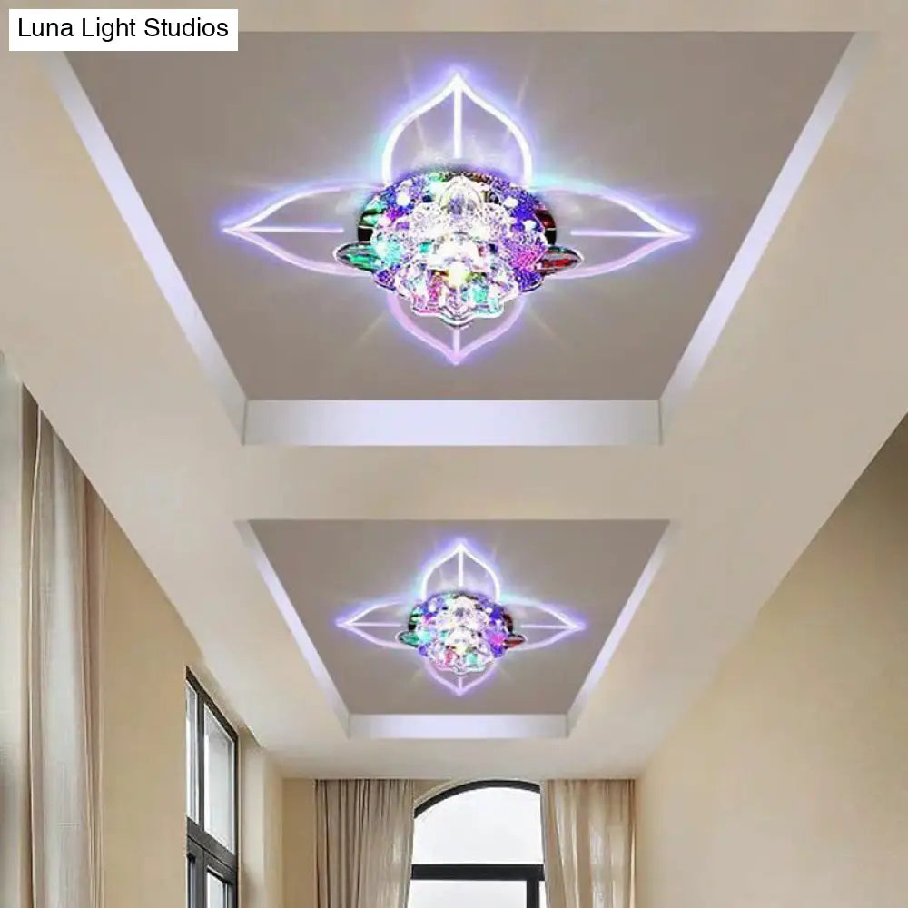 Modern Floral Crystal Led Flush Mount Ceiling Light For Corridors - Clear Finish / 9W Fourth Gear