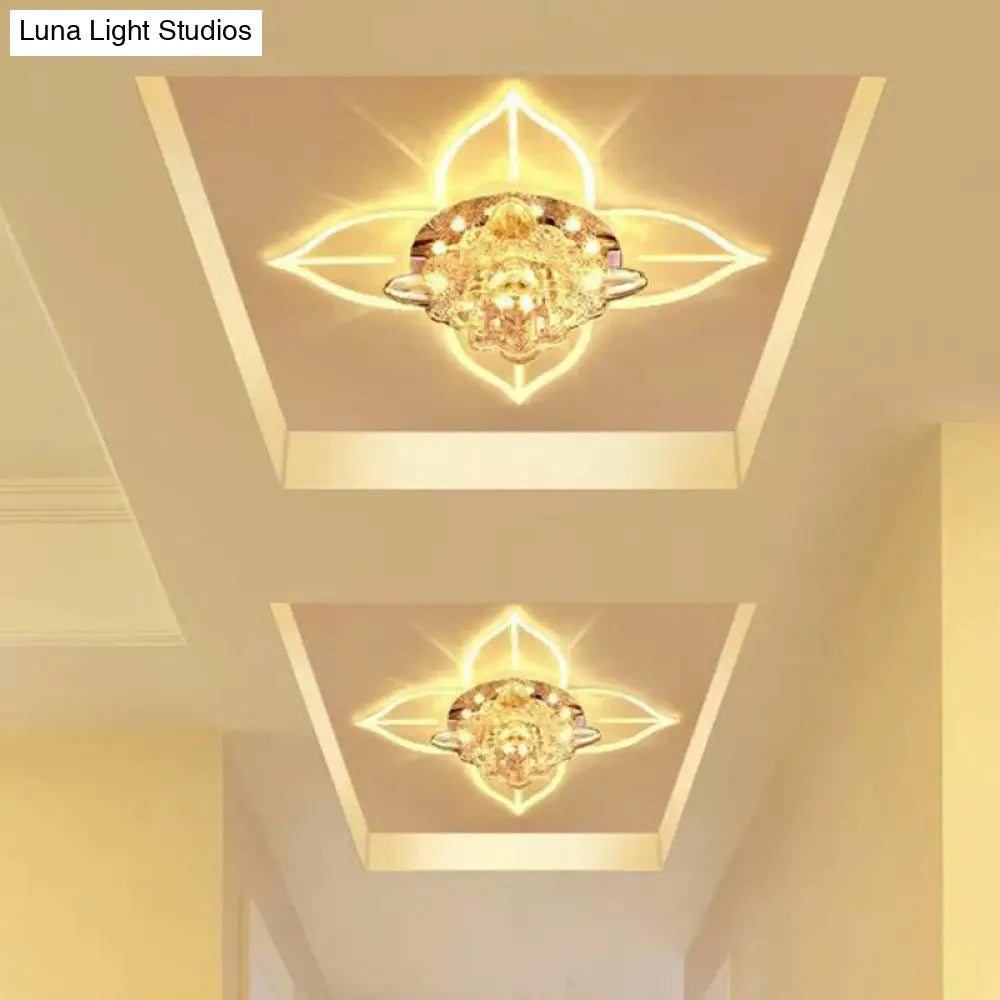 Modern Floral Crystal Led Flush Mount Ceiling Light For Corridors - Clear Finish