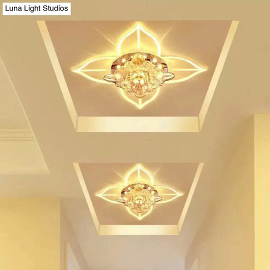 Modern Floral Crystal Led Flush Mount Ceiling Light For Corridors - Clear Finish