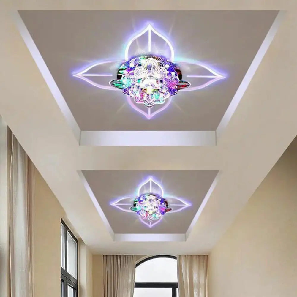 Modern Floral Crystal Led Flush Mount Ceiling Light For Corridors - Clear Finish / 9W Fourth Gear