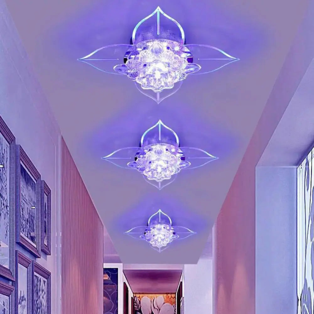 Modern Floral Crystal Led Flush Mount Ceiling Light For Corridors - Clear Finish / 9W Purple