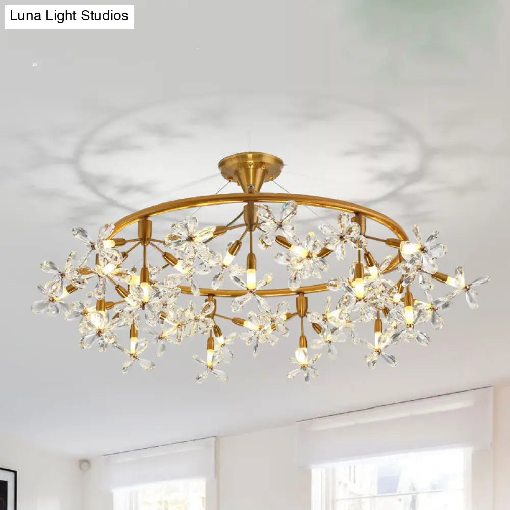 Modern Floral Crystal Pendant Light: 20/30 Bulbs Brass Ceiling Fixture - 23.5/31.5 Wide