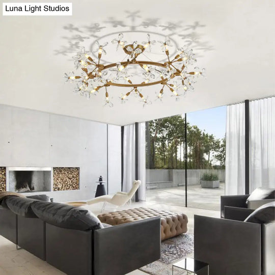 Modern Floral Crystal Pendant Light: 20/30 Bulbs Brass Ceiling Fixture - 23.5/31.5 Wide