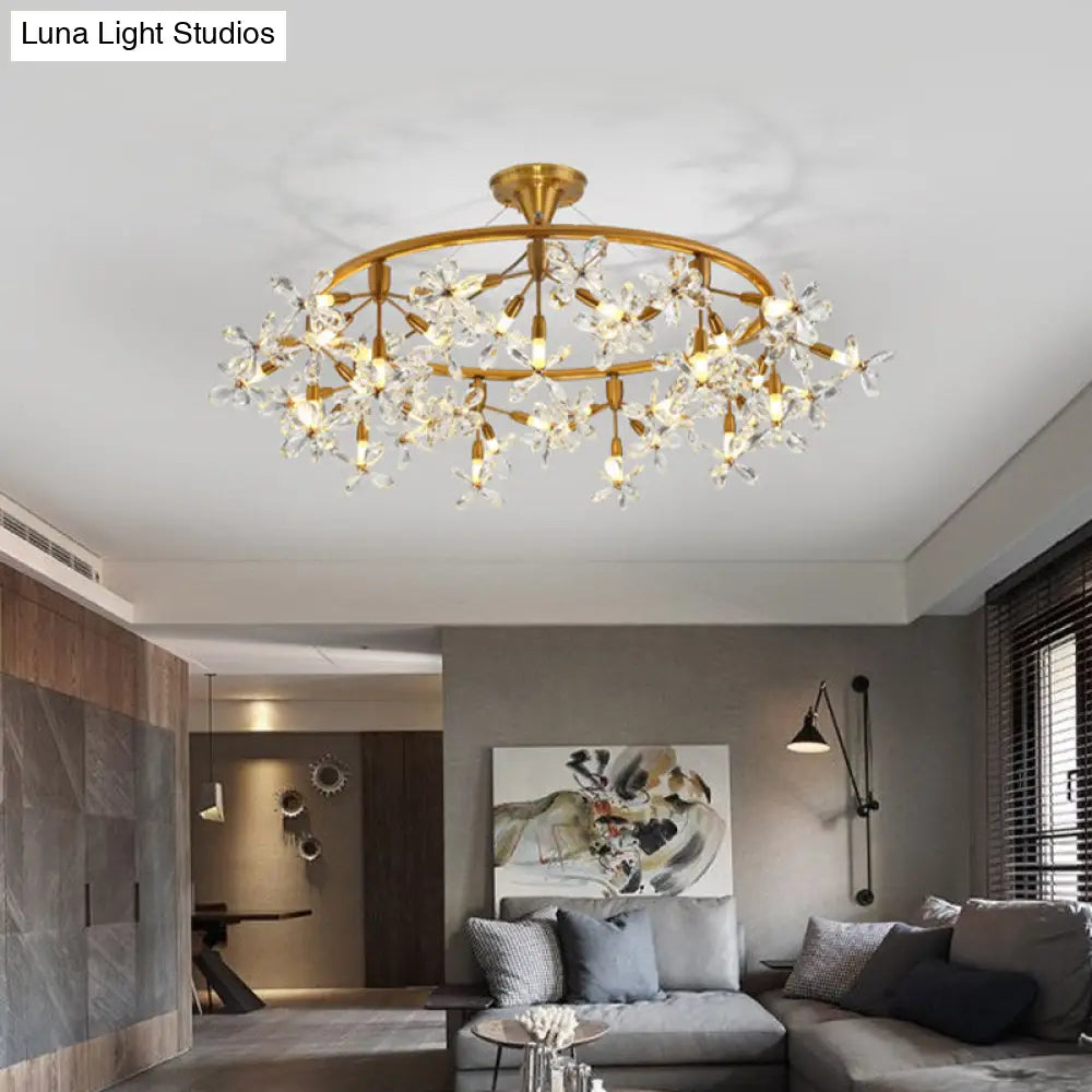 Modern Floral Crystal Pendant Light: 20/30 Bulbs Brass Ceiling Fixture - 23.5/31.5 Wide