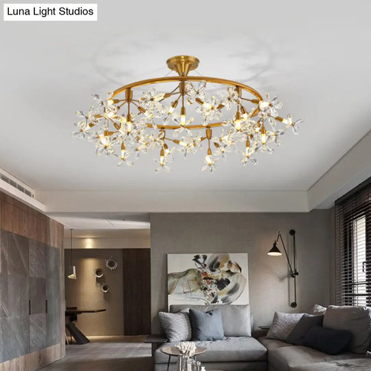 Modern Floral Crystal Pendant Light: 20/30 Bulbs Brass Ceiling Fixture - 23.5/31.5 Wide