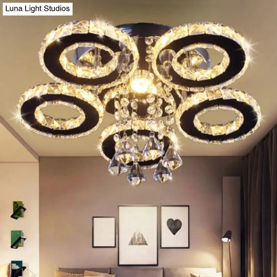 Modern Floral Crystal Semi Flush Ceiling Light - Led Stainless Steel Fixture For Bedroom