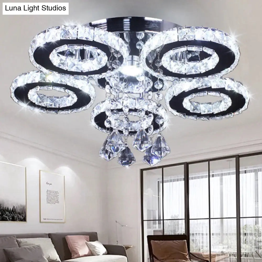 Modern Floral Crystal Semi Flush Ceiling Light - Led Stainless Steel Fixture For Bedroom