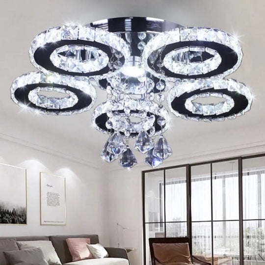Modern Floral Crystal Semi Flush Ceiling Light - Led Stainless Steel Fixture For Bedroom Stainless