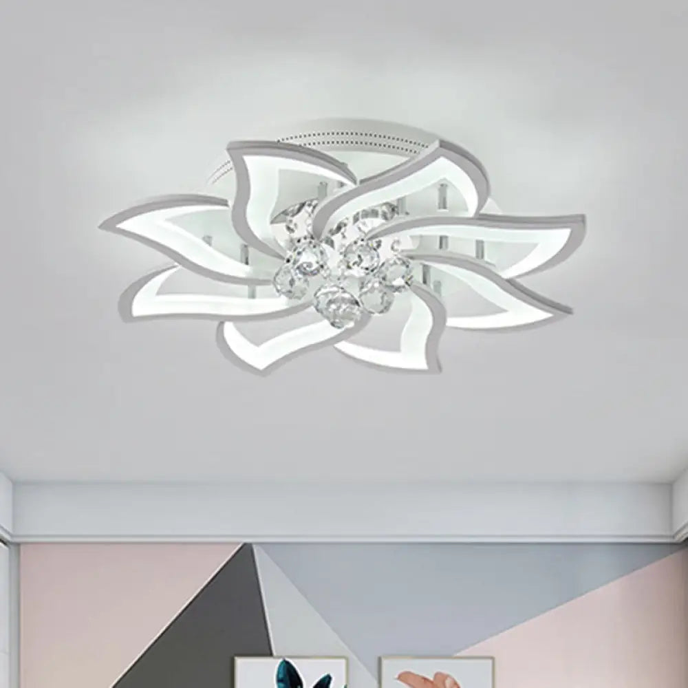 Modern Floral-Design Led Bedroom Lamp With Crystal Orb Decor - Semi Flush Mount White