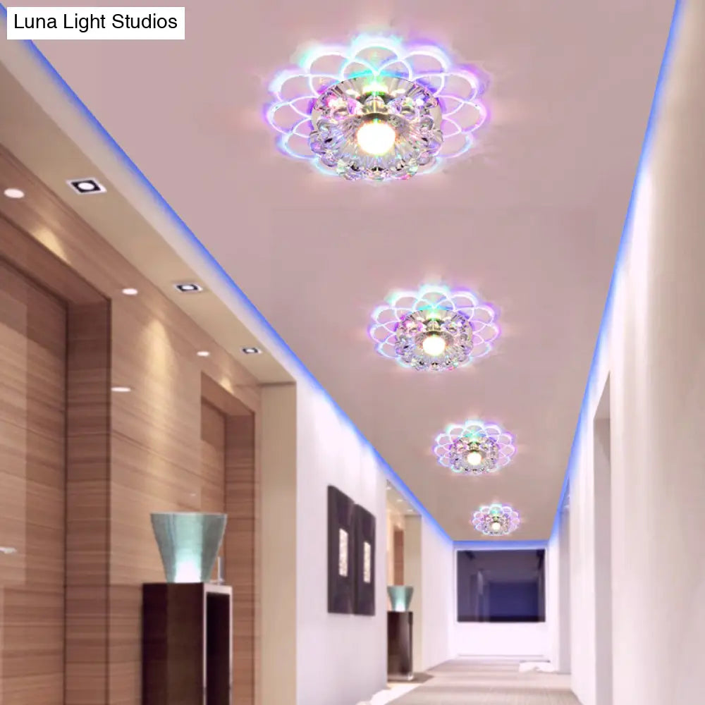 Modern Floral Flush Ceiling Light - Crystal Led Mount For Clear Entryway Lighting