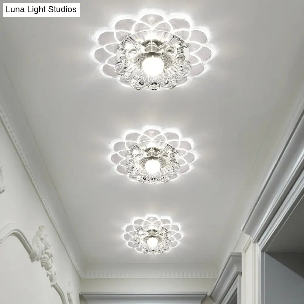 Modern Floral Flush Ceiling Light - Crystal Led Mount For Clear Entryway Lighting