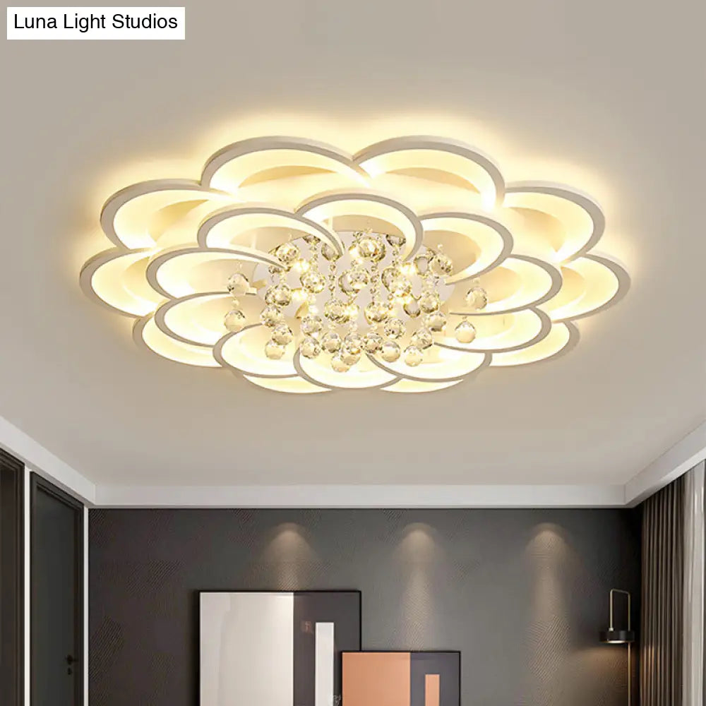 Modern Floral Girls Bedroom Led Flush Ceiling Light With Crystal Ball Drop In White -