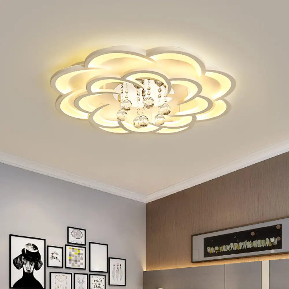 Modern Floral Girls Bedroom Led Flush Ceiling Light With Crystal Ball Drop In White -