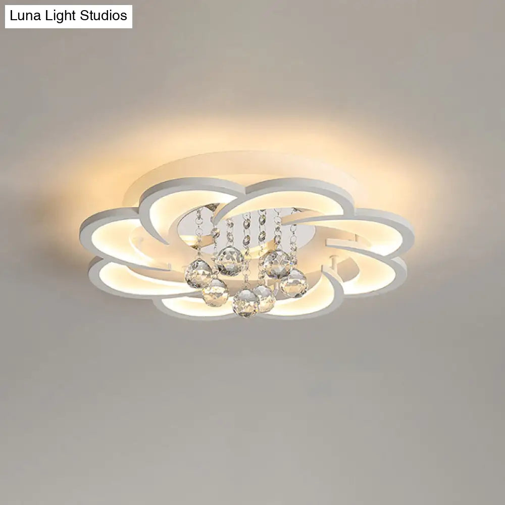 Modern Floral Girls Bedroom Led Flush Ceiling Light With Crystal Ball Drop In White -