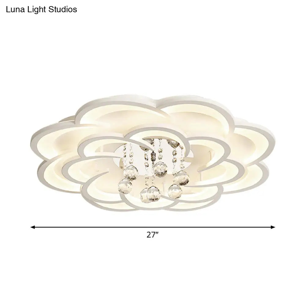 Modern Floral Girls Bedroom Led Flush Ceiling Light With Crystal Ball Drop In White - 20.5/31.5/47