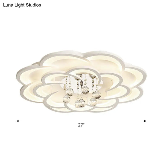 Modern Floral Girls Bedroom Led Flush Ceiling Light With Crystal Ball Drop In White - 20.5/31.5/47