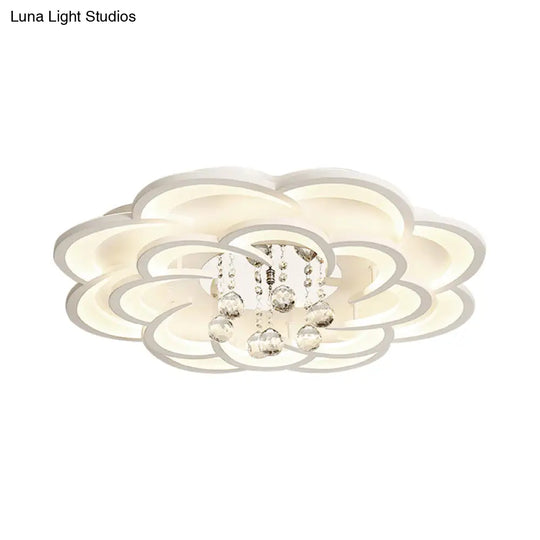 Modern Floral Girls Bedroom Led Flush Ceiling Light With Crystal Ball Drop In White -