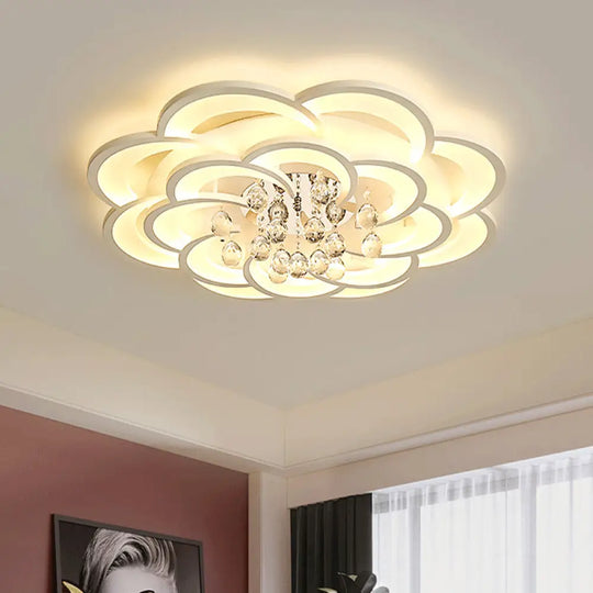 Modern Floral Girls Bedroom Led Flush Ceiling Light With Crystal Ball Drop In White -