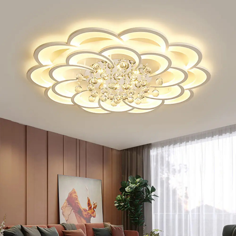 Modern Floral Girls Bedroom Led Flush Ceiling Light With Crystal Ball Drop In White -