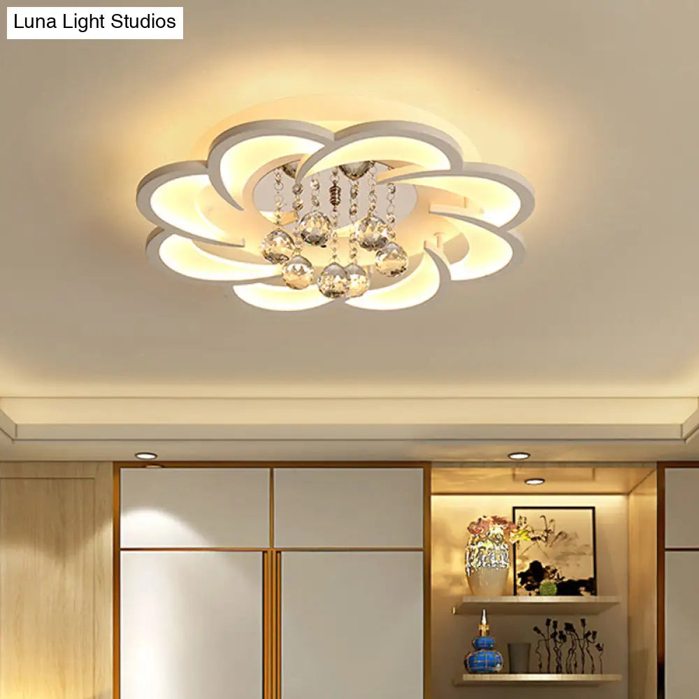 Modern Floral Girls Bedroom Led Flush Ceiling Light With Crystal Ball Drop In White - 20.5/31.5/47