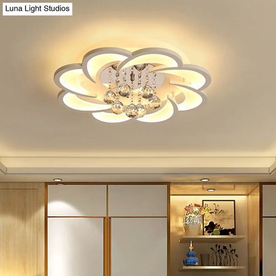 Modern Floral Girls Bedroom Led Flush Ceiling Light With Crystal Ball Drop In White - 20.5/31.5/47