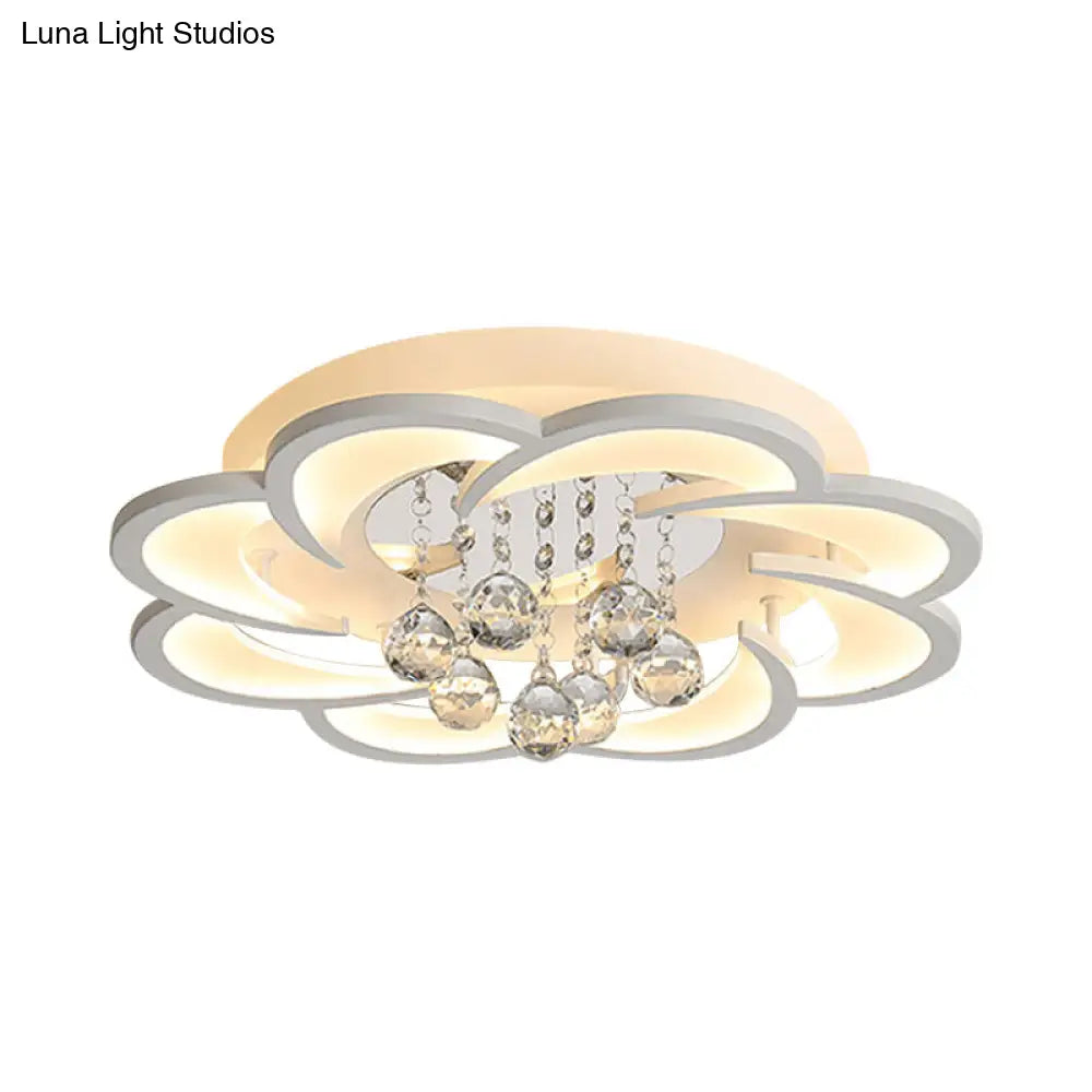 Modern Floral Girls Bedroom Led Flush Ceiling Light With Crystal Ball Drop In White - 20.5/31.5/47