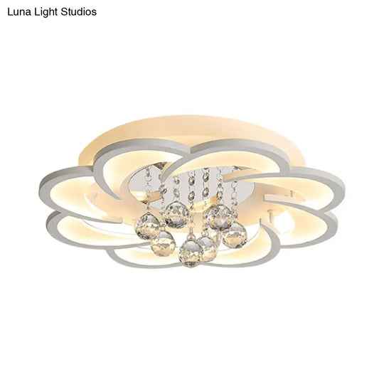 Modern Floral Girls Bedroom Led Flush Ceiling Light With Crystal Ball Drop In White - 20.5/31.5/47